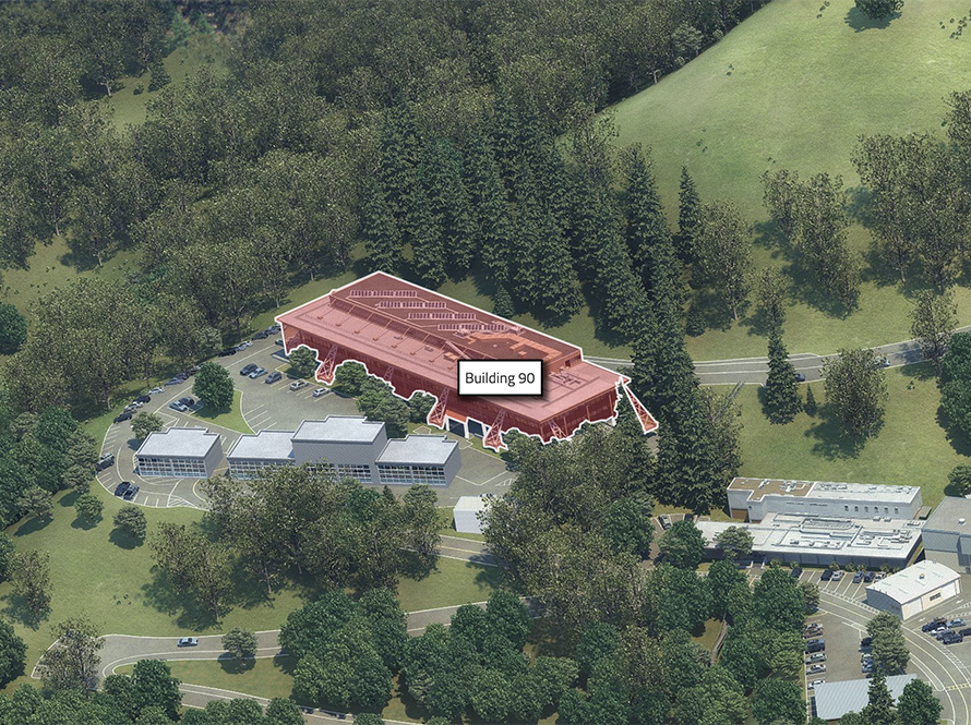 Aerial view of Building 90 and surrounding buildings